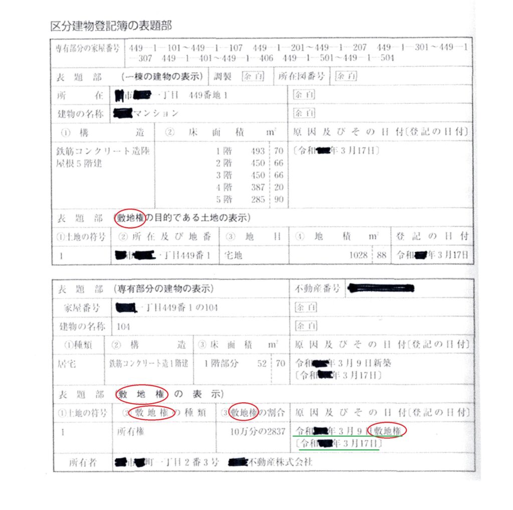 区分建物表題部の登記例